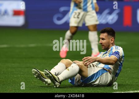 Argentina's forward Lionel Messi gestures during the Copa America USA 2024, group A, groupe stage match between Argentina and Canada, at Mercedes Benz stadium in Atlanta, on June 20, 2024. Stock Photo