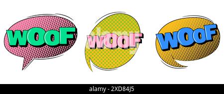 Cartoon explosions comical speech bubbles in trendy retro style. WOOF text Stock Vector