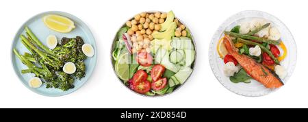 Set of different healthy meals on white background, top view Stock Photo