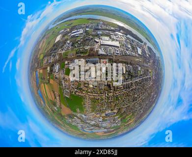 Aerial view, industrial area Reeser Straße at the port of Emmerich, earth globe, fisheye image, 360 degree image, tiny world, little planet, fisheye i Stock Photo