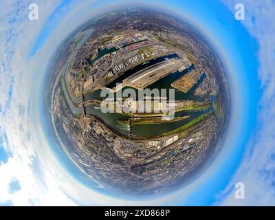 Aerial view, Duisport - Duisburg harbor, harbor area with oil island, coal island and scrap island, river Ruhr, earth globe, fisheye image, fisheye im Stock Photo