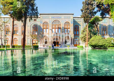 Beautiful view of the Golestan Palace and scenic pond with emerald water in Tehran, Iran. Stock Photo