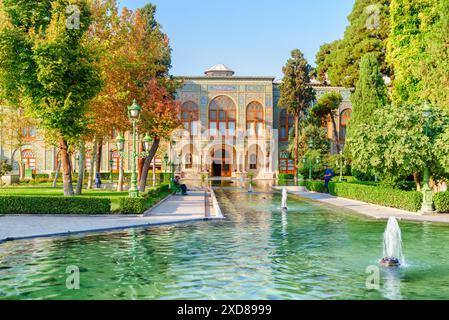 Beautiful view of the Golestan Palace and scenic pond with emerald water in Tehran, Iran. Stock Photo