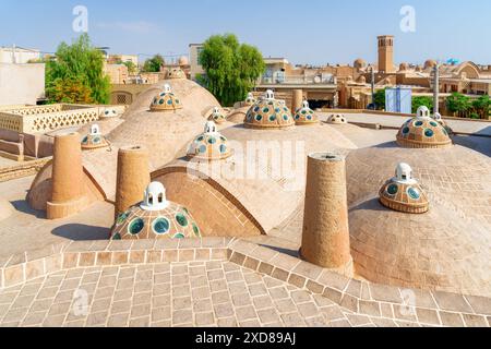 Beautiful domes with convex glasses on scenic roof of Sultan Amir Ahmad Bathhouse in Kashan, Iran. Traditional Iranian public bathhouse. Stock Photo