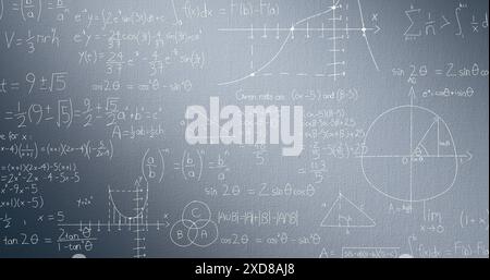 Image of mathematical formulae and data processing over grey background Stock Photo