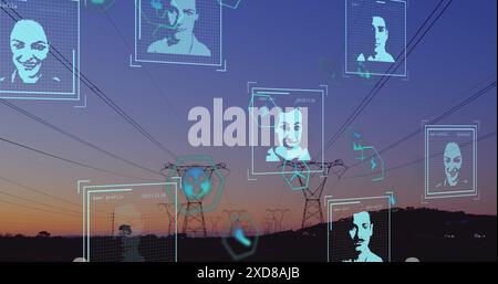 Image of biometric photos and data processing over electricity line Stock Photo