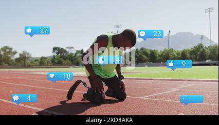 Image of notification, african american man with prosthetic leg kneeling on track and screaming Stock Photo