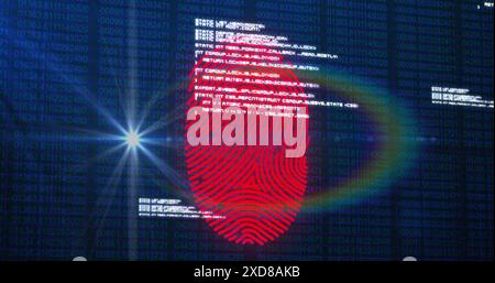 Image of biometric fingerprint scanner and data processing against blue background Stock Photo