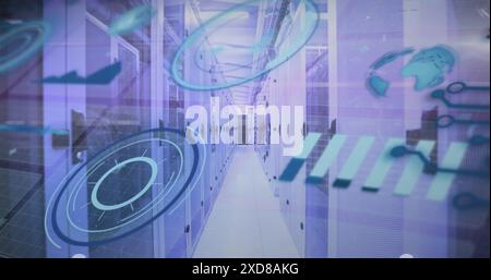 Image of wave patterns over graphs, circles, globe and soundwaves against server room Stock Photo