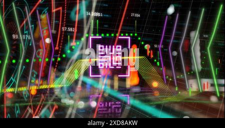 Image of neon qr code scanner and financial data processing against night city traffic Stock Photo