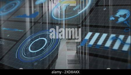 Image of interface with data processing against computer server room Stock Photo