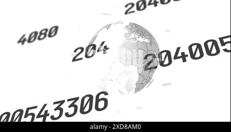 Image of multiple changing numbers over spinning globe against white background Stock Photo