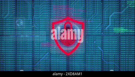 Image of security padlock icon over data processor, round scanner and microprocessor connections Stock Photo