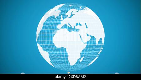 Image of social media icons and profile icons floating over globe against blue background Stock Photo