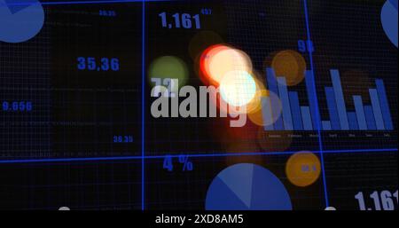 Image of statistical data processing on grid network against spots of light on black background Stock Photo