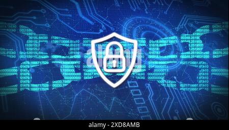 Image of security padlock, shield and chain icon on round scanner and microprocessor connections Stock Photo