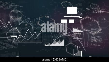 Image of multiple graphs over dna helix and computer language against black background Stock Photo