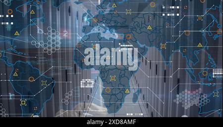 Image of cyber security data processing over world map against computer server room Stock Photo