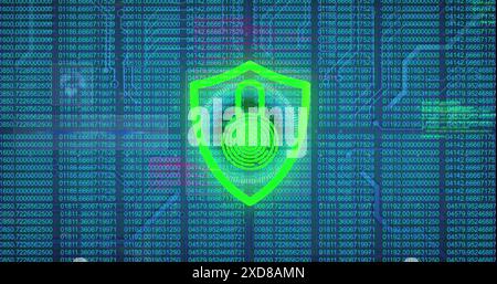 Image of security padlock icon over data processor, round scanner and microprocessor connections Stock Photo