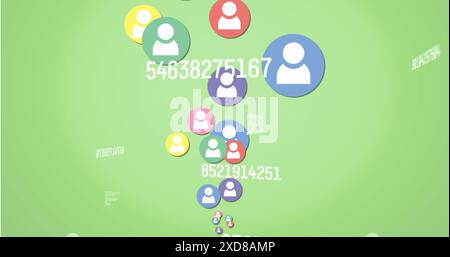 Image of changing numbers and profile icons floating against green background Stock Photo