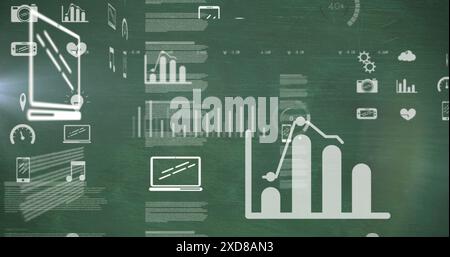 Image of digital icons and data processing over green background Stock Photo