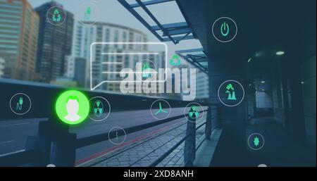 Image of social media icons and data processing over city street Stock Photo