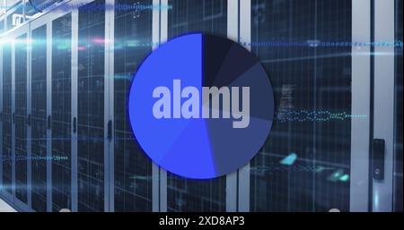 Image of pie chart and data processing against computer server room Stock Photo