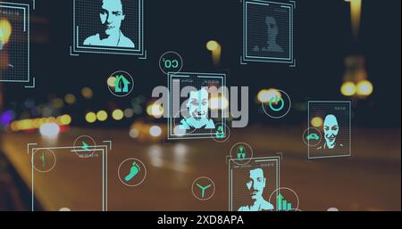 Image of biometric portraits and data processing over cityscape Stock Photo