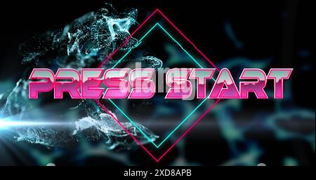 Image of press start text over blue shapes on black background Stock Photo