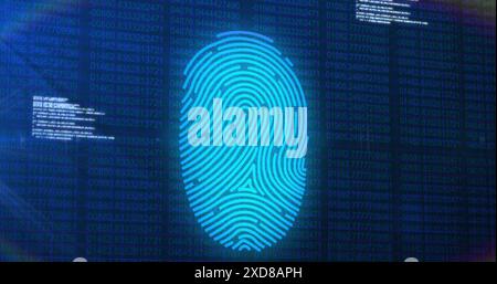 Image of biometric fingerprint scanner and data processing against blue background Stock Photo