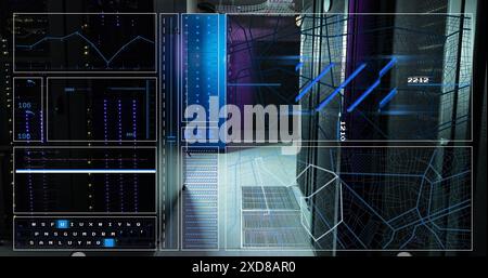 Image of interface with data processing against computer server room Stock Photo