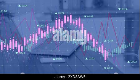 Image of statistical data processing against smartphone, laptop and coffee cup on office desk Stock Photo