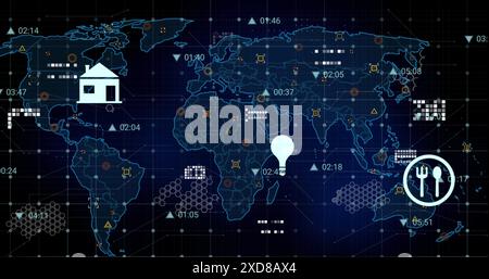 Image of digital icons over grid network against world map on blue background Stock Photo