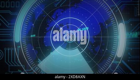 Image of scope scanning over microprocessor connections over world map on blue background Stock Photo