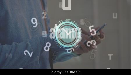 Image of ticking clock over changing numbers against mid section of man using smartphone Stock Photo