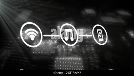 Image of icons connected with lines over binary codes and illuminated dots forming squares Stock Photo