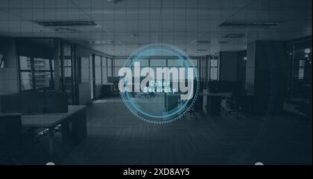 Image of cyber security text banner and digital icons against empty office Stock Photo
