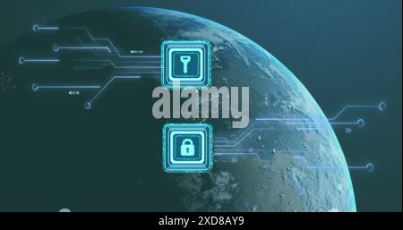 Image of key and padlock icons with computer circuit board over globe on black background Stock Photo