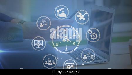 Image of multiple digital icons spinning over mid section of man using smartphone at office Stock Photo