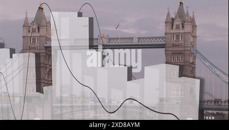 Image of statistical data processing against view of london bridge Stock Photo