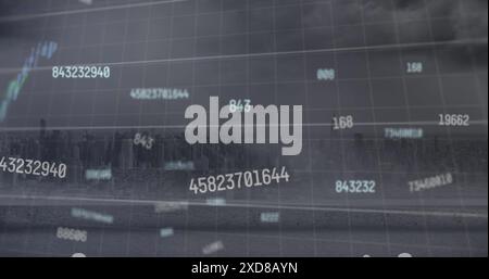 Image of changing numbers over multiple graphs and cityscape against cloudy sky Stock Photo