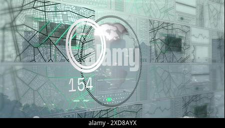 Image of interface with data processing over spinning globe against aerial view of cityscape Stock Photo