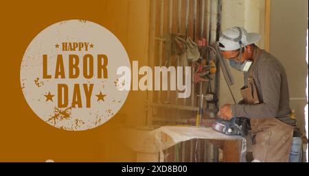 Image of happy labor day text over biracial male carpenter in workshop Stock Photo