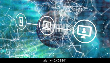 Image of network of connections with icons over globe Stock Photo