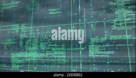 Image of computer language over graph and modern cityscape against cloudy sky Stock Photo