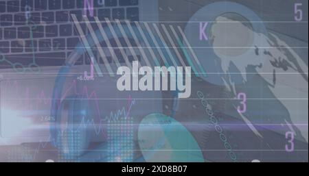 Image of statistical data processing against laptop, headphones and coffee cup on wooden surface Stock Photo