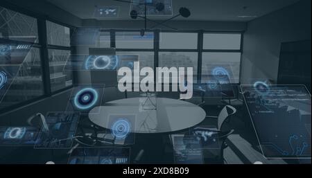 Image of multiple round scanners and data processing against empty office Stock Photo