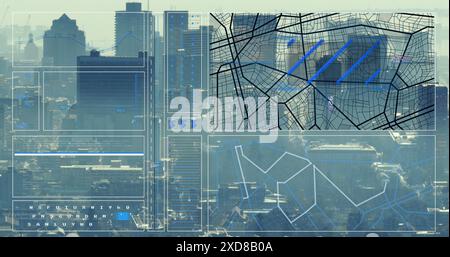 Image of data processing over cityscape Stock Photo