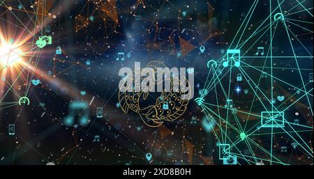 Image of pisces zodiac sign and network of connections with icons over globe Stock Photo