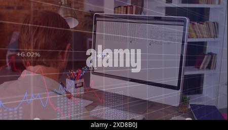 Image of statistical data processing against rear view of male teacher using laptop at school Stock Photo